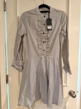 Scotch & Soda Striped Ruffle Front Shirt Dress Grey & White- NWT!  XS